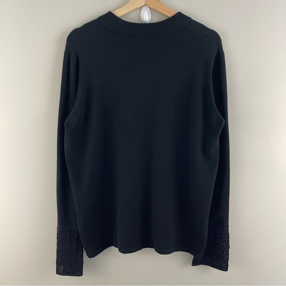 AKRIS PUNTO Women’s Black Cotton V Neck Casual Crochet Bell Sleeve Sweater - Picture 7 of 9